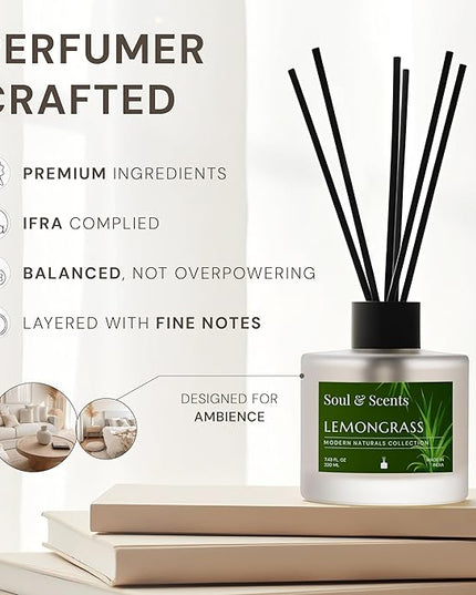 Soul & Scents Reed Diffuser Set – Lemongrass | 7.43 oz Refillable Scented Oil with 6 Fiber Sticks | Long-Lasting Home Fragrance & Air Freshener for Bedroom, Bathroom, Office | Gift & Décor Piece