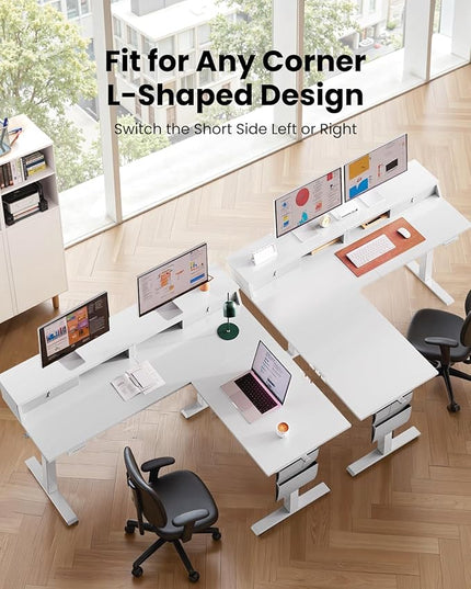ErGear L Shaped Electric Standing Desk, 63" Ergonomic Corner Height Adjustable Desk with Drawers, Sit Stand Computer Table with Storage for Work Office Home, White