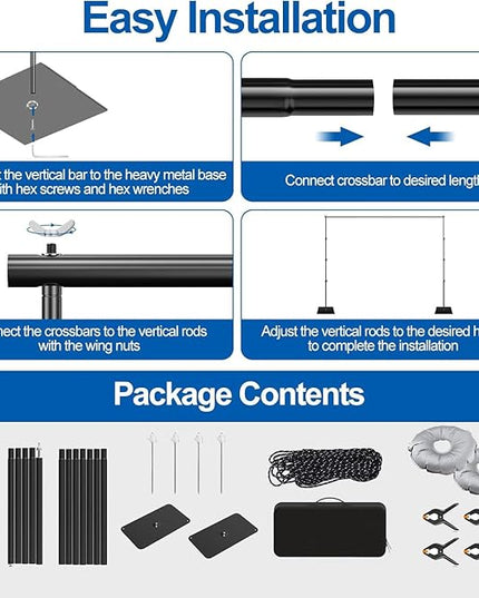 Backdrop Stand, 6.5ft Height 9ft Width Adjustable Photography Background Support Poles with Heavy Duty Flat Base, Photo Metal Steel Pipe and Drape Frame Kit for Parties Birthday Wedding