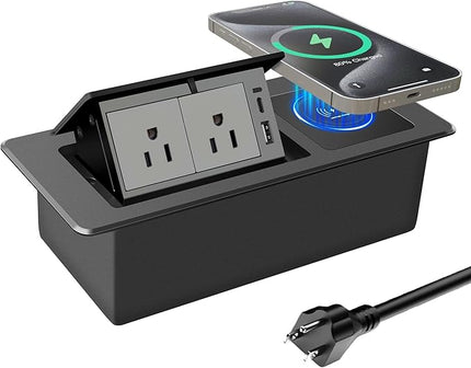Conference Table Power Hub 15W Wireless Charger and PD20W Type-C Fast Charging, Pop up Outlet Desktop Connection Box with 2AC Outlets and USB Ports for Kitchen Countertop Conference Room, Black