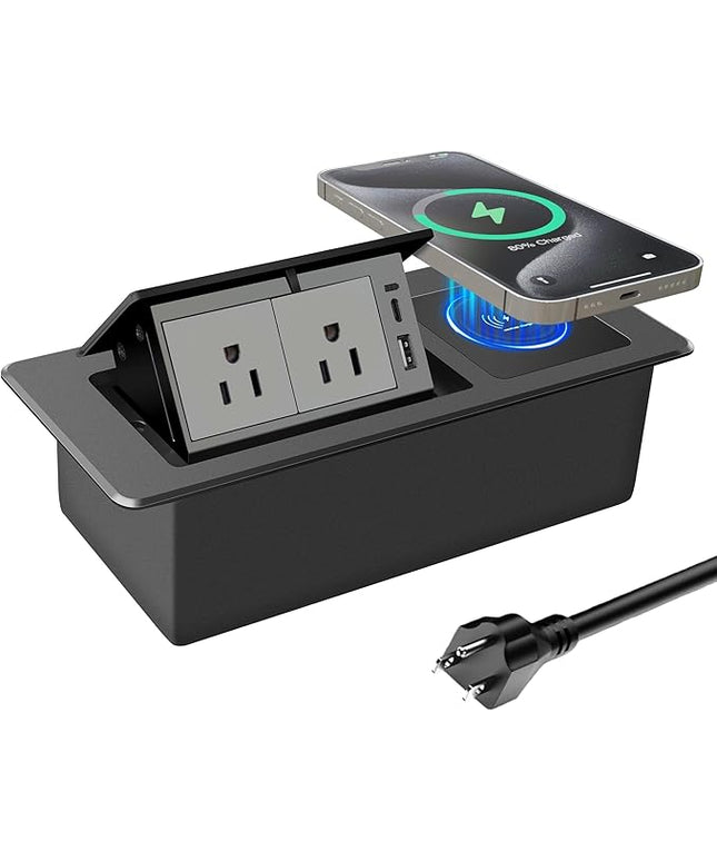 Conference Table Power Hub 15W Wireless Charger and PD20W Type-C Fast Charging, Pop up Outlet Desktop Connection Box with 2AC Outlets and USB Ports for Kitchen Countertop Conference Room, Black