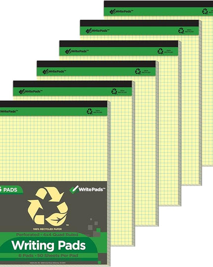 KAISA Graph Paper Legal Pads Writing Pads Recycled Paper 8.5"x11.75" Quad Ruled 4x4 Perforated 50 sheets/pad Grid Paper Yellow Notepads Writing Tablet For Office Supplies (Canary 6pad, 8.5x11.75'')