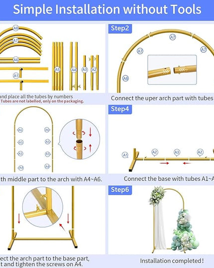 7.2 ft Arch Backdrop Stand, Metal Balloon Arch Stand, Stable Wedding Arched Frame with Square Base Ground Nails, Background Arches for Birthday Party Baby Shower Garland Decoration, Gold