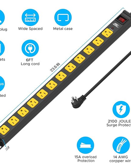 Mountable Long Power Strip, 2100 Joules Heavy Duty Surge Protector Power Strip, Slim Metal Power Bar with 6ft 14AWG Cord, 12-Outlet, ETL Listed,for Wall Mount, Under Desk, Garage, Workshop, and Office