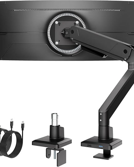 monTEK Single Monitor Arm with USB for Max 45 Inch Ultrawide Screens Adjustable Monitor Desk Mount Holds 35 Lbs Cable Management with C Clamp/Grommet Desk Mount, VESA 75/100mm, MA1007UCBK