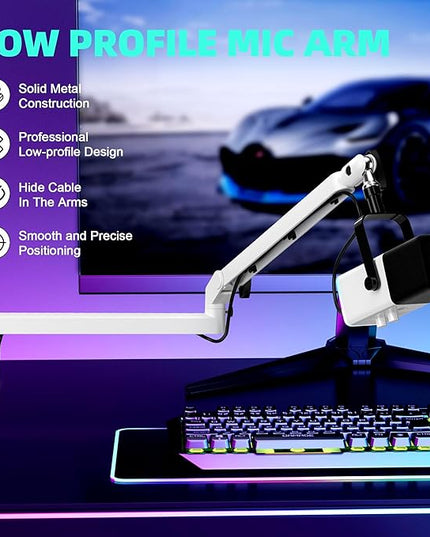Low Profile Mic Arm Microphone Boom Arm Professional Adjustable with 15cm Riser Solid Desk Mount Clamp Cable Management Microphone Holder Stand for Podcast Streaming Gaming Mic Stand White