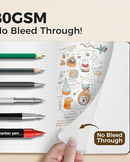 Dot Grid Notebook A5-60 Pages Thick Paper No Bleed, Black Cover Bullet Journal & Sketchbook, Lay Flat Binding for Smooth Writing | Dotted Notebook for Notes, Planning, Drawing, 12 Pack