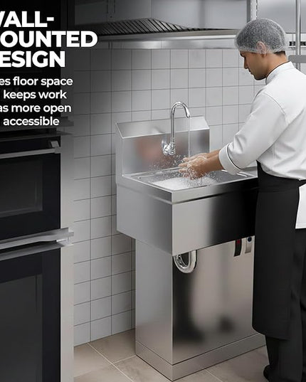 Stainless Steel Wall Mount Hand Sink with Gooseneck Faucet, Knee Pedals & Side Splash | 17" x 15" Commercial Basin for Kitchen or Janitorial Use, NSF (17" x 15" with Knee Pedals)