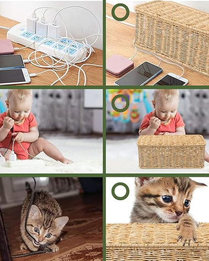 Cable Management Box, Handmade Rattan Cable Organizer, 2 Open Slots Cords Hider Box, Under Desk Cord Organizer for Computer Router USB Hub & Power Strip, Patent Pending, 13" x 5.1" x 5.1", Natural