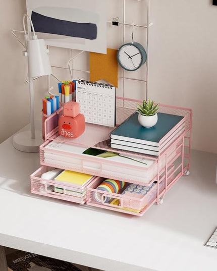 Marbrasse 3 Tier Mesh Desk Organizer with Drawer, Multi-Functional Desk Organizers and Accessories, Paper Letter Organizer with 2 Pen Holder for Home Office Supplies (Pink)