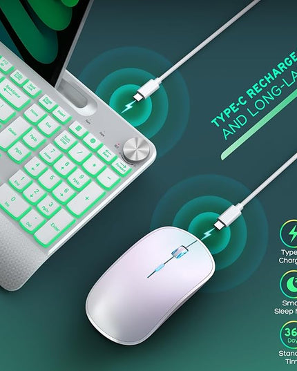 JOYACCESS Ergonomic Wireless Keyboard with Phone Holder,Rechargeable Backlt Wireless Keyboard Mouse Combo with Light Up Keys for for Laptop, PC, Mac, Windows-Silver White