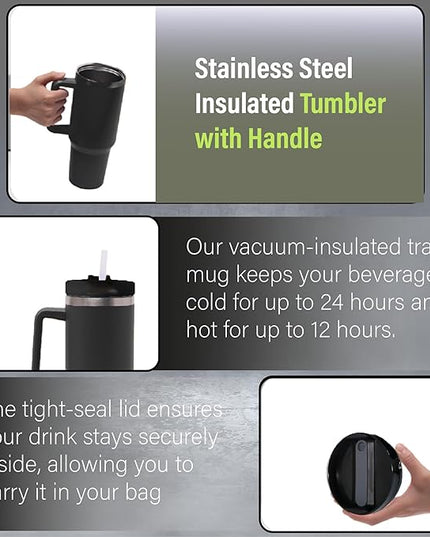 H&F Clicks Insulated Tumbler, Stainless Steel Tumbler with Leakproof Lid for Water, Coffee or Iced Tea. Cup Holder Compatible for Travel, BPA-Free Water Bottle, Vacuum Insulated Tumbler. (Black)