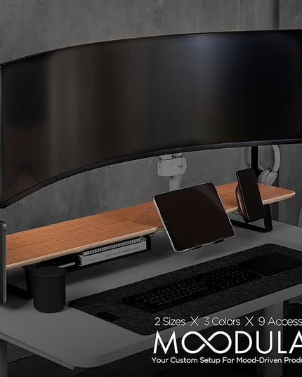 Moodular Wooden Monitor Stand 45.6” (116cm) Large Desk Organizer with Metal Slide Rails for Drawer, Tray, Laptop, Tablet, Phone & Headphones Customizable Riser for Organized Workspace Oak