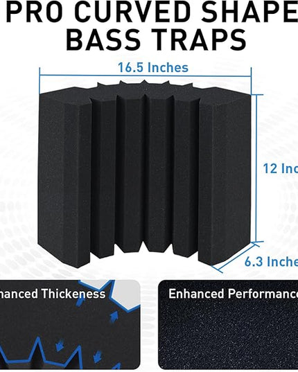 4 Pack Curved Bass Traps Corner Acoustic Foam, Large Size 16.5" X 6.3" X 12" Sound Absorbing Corner Bass Traps for Studio and Home Theater Low Frequency