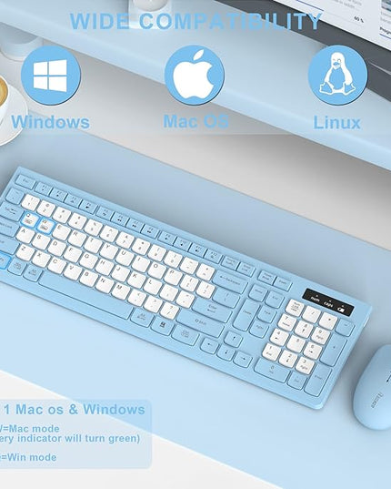 Wireless Keyboard and Mouse Combo, Full-Sized Wireless Keyboard and Adjustable DPI Mouse, 2.4GHz USB Receiver, Silent Keyboard and Mouse for PC, Windows, MAC, Desktop, Laptop(Sky Blue-B)