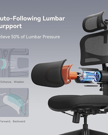 Newtral Office Chair Ergonomic - Home Office Desk Chair, Big and Tall Office Chair, Auto-Following Lumbar Support for Back Pain, Adjustable Seat Depth and Height (No Foot Rest + Laptop Table, Black)