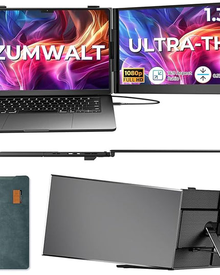 ZUMWALT Laptop Screen Extender, 14" FHD 1080P Dual Portable Monitor for Laptop, Ultra-Thin Travel Monitor Extender Fit 13”-17.3”, Plug and Play Compatible with Windows/Mac/Android/Chrome/Switch