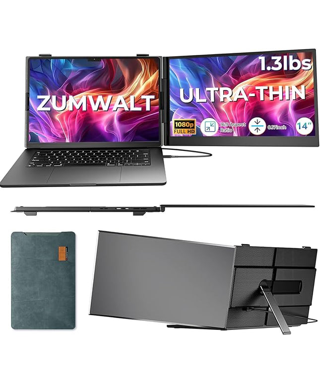 ZUMWALT Laptop Screen Extender, 14" FHD 1080P Dual Portable Monitor for Laptop, Ultra-Thin Travel Monitor Extender Fit 13”-17.3”, Plug and Play Compatible with Windows/Mac/Android/Chrome/Switch