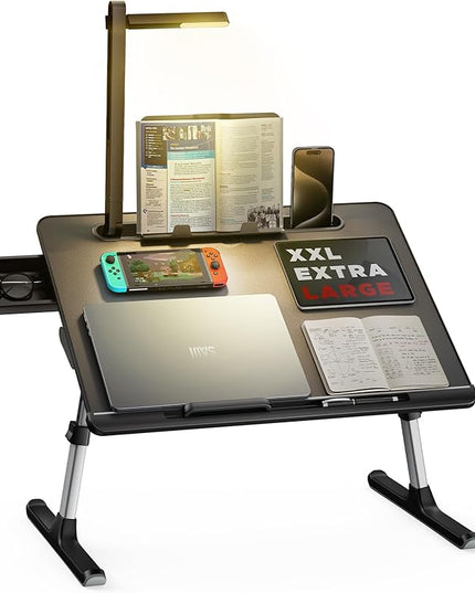 Laptop Bed Tray Desk with LED Desk Light, SAIJI Adjustable Laptop Stand for Bed, XX-Large PVC Leather Foldable Table with Book Stand,Wrist Rest, Extra Leg Room(Black)