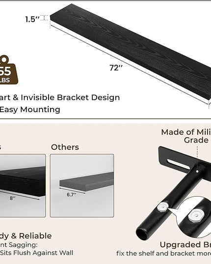 RICHFOCUS 72Inch Floating Shelves for Wall 2 Pack Shelves for Bedroom|Kitchen|Bathroom Wall Mounted Rustic Wood Floating Shelf with Invisible Brackets for Books|Storage|Decor, Black
