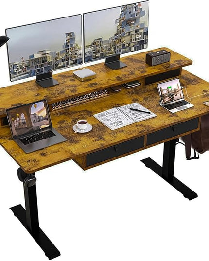 Electric Standing Desk, 63 * 30 Inches Adjustable Height with 4 Drawers, Double Storage Shelves Stand Up Desk, Home Office Workstation Sit Stand up Desk (Rustic Brown)