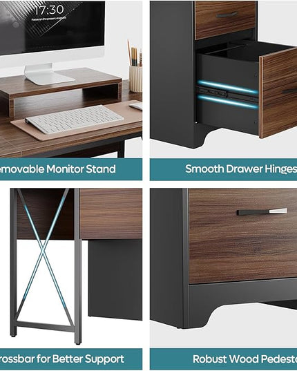 Bestier L Shaped Desk with 4 Drawers, 63" x 47" Executive Desk with Open Storage & Monitor Stand, Corner Desk with 2 File Drawers & Modesty Panel for Home Office, Cherry