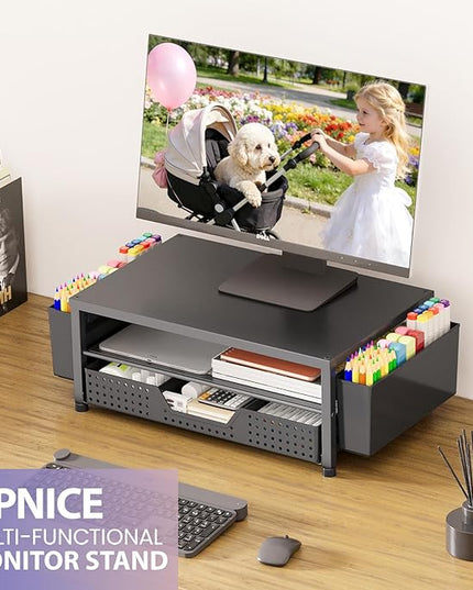 OPNICE Desk Organizer and Accessories, 2-Tier Computer Monitor Stand Riser with Drawer and 2 Pen Holders, Laptop Stand, Office Desk Accessories for Office Supplies, Black – Hot Seller 2Pack