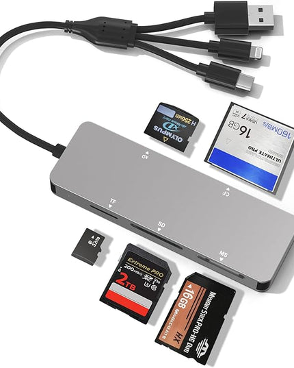 Memory Stick Pro Duo Reader for Lexar/Sony/Fuji - 5in3 Aluminum OTG Adapter for Memory Stick Pro Duo/XD/Compact Flash/SD/Micro SD Cards, Lightning USB C USB A Multi Card Reader for Camera/GoPro/Drone