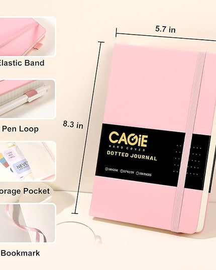 CAGIE Bullet Dotted Journal Notebook 320 Pages 100 GSM Paper Hardcover A5 Dot Grid Notebook Leather Journals for Writing Women Men Work Journaling, Pink