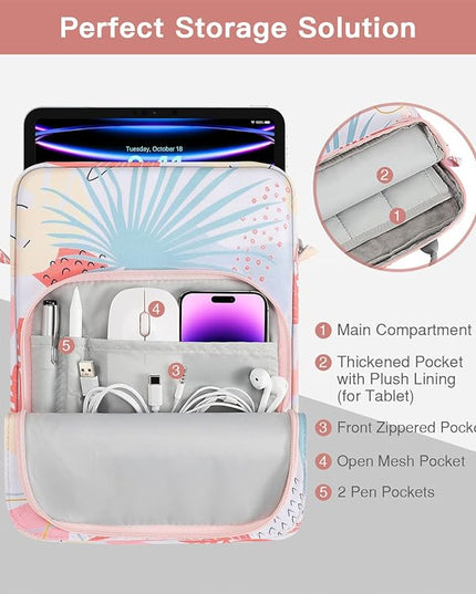 MoKo 9-11 Inch Tablet Sleeve Bag Handle Carrying Case with Shoulder Strap Fits 11inch iPad Air M3, iPad A16 2025, iPadPro M4/Air M2 5/4th 10.9, Tab S8/S9 11, Tropical Leaf