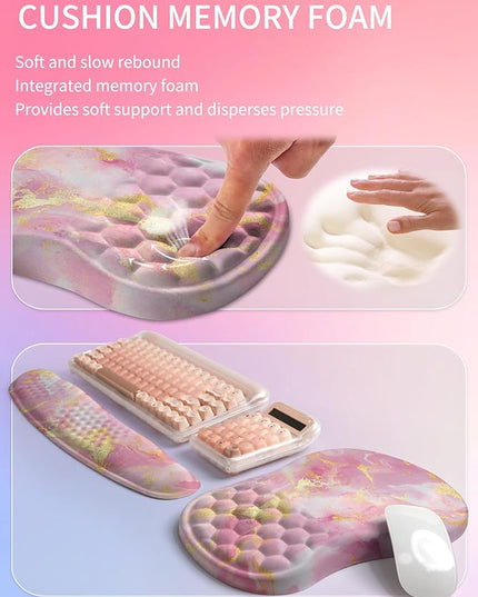 Hokafenle 2in1 Combination, Wave Keyboard Wrist Rest and Ergonomic Curvature Mouse Pad Wrist Support for Relieve Wrist Pain, Filled with Soft Cushion Memory Foam, Golden Pink Marble