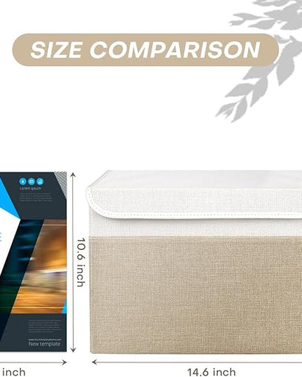 Large 22 Quart Linen Fabric Foldable Storage Bin Cube Organizer Basket with Flip-Top Lid & Handles, Clothes Blanket Box for Home, Office, Closet, Beige & White, 4 Pack 14.6 x 9.5 x 9.5”