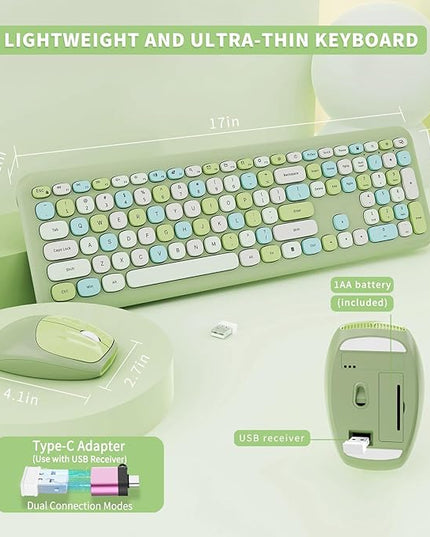 Wireless Keyboard and Mouse Combo, Colorful Ergonomic Full Size Retro Low-Noise Keyboard with Cute keycaps, Compatible with Windows, PC, Perfer for Home and Office Keyboards (Green)