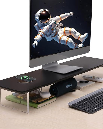 SUIBIAN Black Monitor Stand Riser with Wireless Charging 31.5Inch Large, Computer Monitor Stand,Wooden Desktop Organizer Shelf for Office Desk Computer,Laptop,TV (Black Oak)