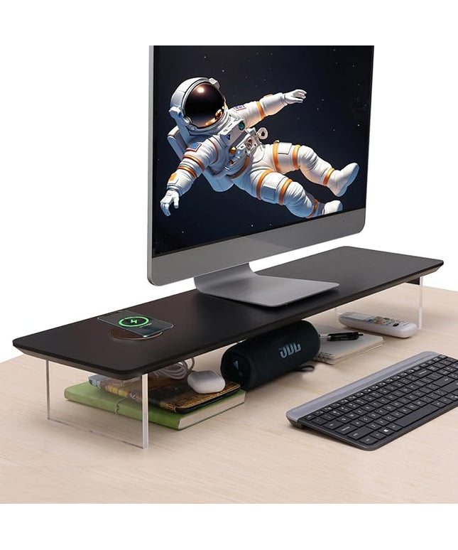 SUIBIAN Black Monitor Stand Riser with Wireless Charging 31.5Inch Large, Computer Monitor Stand,Wooden Desktop Organizer Shelf for Office Desk Computer,Laptop,TV (Black Oak)
