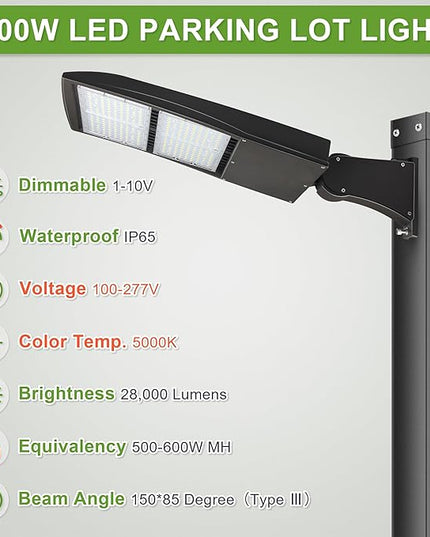 200W LED Parking Lot Light, 28000LM Dimmable LED Pole Light, Surge Protector, 600W MH Equivalent, 5000K, UL & DLC Listed, Direct Arm Mount, 100-277V Street Area Light
