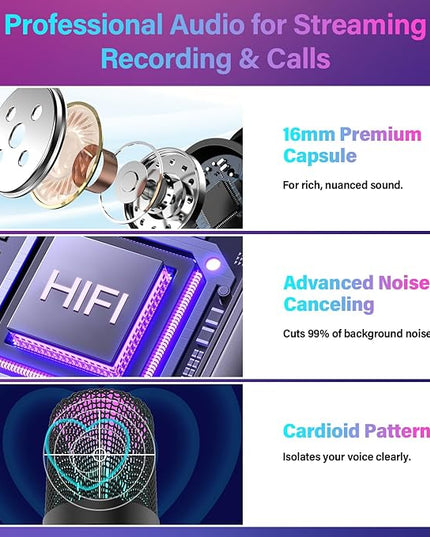 USB Microphone, Computer Condenser Mic with Noise Cancellation, Echo Mode, RGB Lighting, Mute Button, Plug & Play Gaming Mic for PC, Mac, PS5, Streaming, Recording, Podcasting & Online Meetings