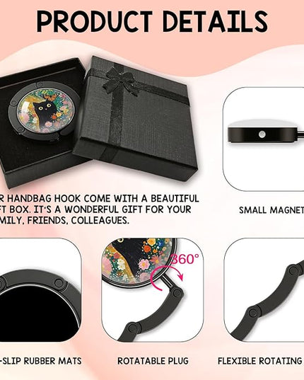 YAZMEEN Spring Black Cat Foldable Purse Hook for Table, Watercolor Black Cat Flowers, Women's Handbag Hanger Holder, Portable Purse Table Hanger, Funny Desk Hook Gifts for Mom Wife Sister Friend BFF