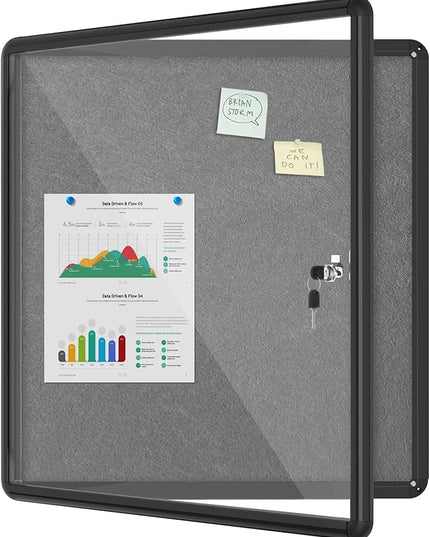 Mifuro 28"x26" Enclosed Bulletin Board, Lockable Weather-Resistant Aluminum Cork Noticeboard for School & Office, Black Frame w/Grey Flet