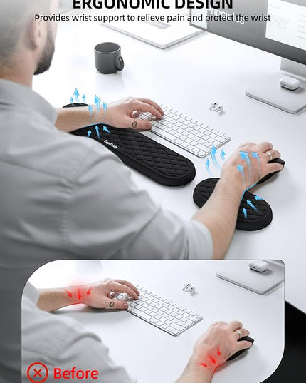 TopMade Upgraded Wider Wrist Rest Set, Soft Memory Foam Keyboard Hand Rest Pad, Computer Ergonomic Keyboard Mouse Wrist Support for Typing Pain Relief, Comfort for Office, Gaming, Study, Black