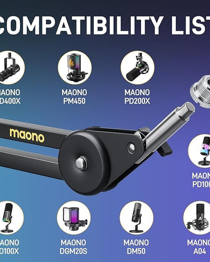 MAONO Microphone Boom Arm: Heavy Duty Adjustable Metal Suspension mic stand with Upgraded Desk Clamp and 3/8" to 5/8" Screw Adapter for Podcasting Recording Streaming Gaming - BA37