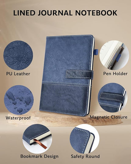 HULIPARK Leather Notebook Journal with Pen, A5 Lined Hardcover Notebook with Magnetic Closure, 240 Pages Daily Journal for Men Women, Ruled Journals Notebooks for Work, Writing, Note Taking - Blue