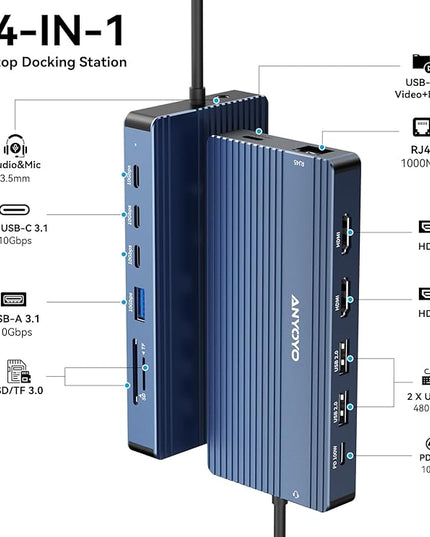 USB C Docking Station, 14 in 1 USB Hub for 3 Monitors, Dual 4K@60Hz HDMI & USB-C Video, 4xUSB-C(10Gbps), 3X USB-A, Ethernet, SD/TF & 3.5mm Audio Jack – Multiport Adapter for Laptop/HP/Dell/Lenovo