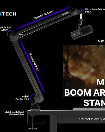 IXTECH Microphone Boom Arm Stand, Heavy Duty Adjustable Mic Stand with Cable Ties, Desk Mount Arm Stand for Gaming Streaming Podcasting.