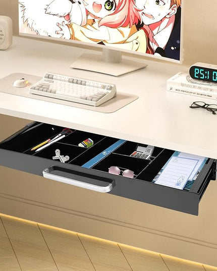 21.5" Under Desk Drawer Slide Out For Office Desk with 2 Dividers, Storage Organizer For Sit Stand Workstation, Black