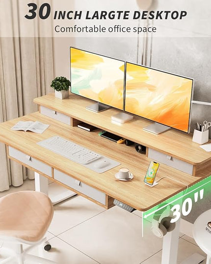 Kingant Standing Desk with Drawers & USB Charging Port, 55" x 30" Height Adjustable Home Office & Gaming Desk, Sit Stand Desk with Built-in Storage Shelf, Hook & Ergonomic Design(Maple)