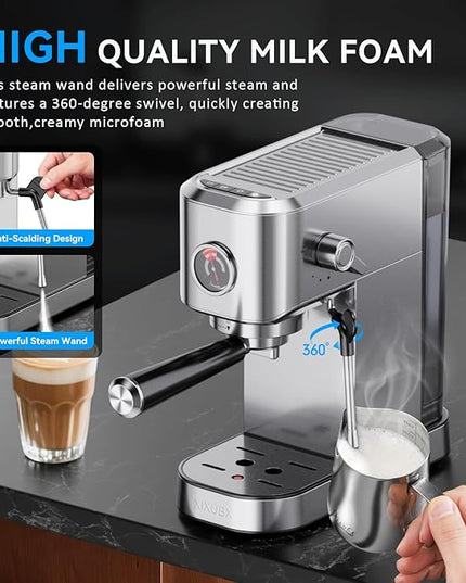 20Bar Espresso Machine, Compact Espresso Maker with Milk Frother, Stainless Steel Coffee Machine for Cappuccino&Latte, 42oz Water Tank, Visible Pressure Gauge, Home&Office, Silver
