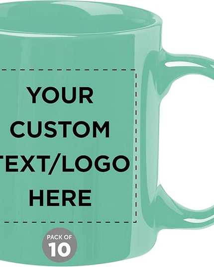 Custom Ceramic Coffee Mugs 11 oz. Set of 10, Personalized Bulk Pack - Coffee cup set, Iced coffee cup, Gaming mug - Tiffany Teal