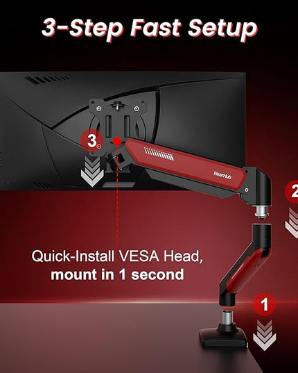 NearHub Gaming Monitor Mount for Computer Screen 13-32" and up to 22 lbs,360° Rotation,+90° to -45° Tilt,180° Swivel,with C Clamp and Grommet Base,Integrated Cable Management,75x75/100x100 VESA,RED