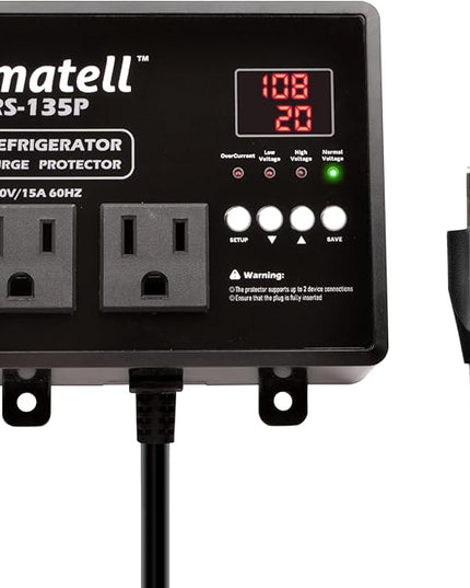 matell Refrigerator Surge Protector, Double Outlet Voltage and Current Protector for Home Appliances with Time Delay, Spike, Instant Surge All Voltage Abnormalities,Protects Against Brownout